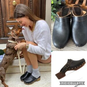 Bosabo COMPLIBA-NOI Low Clogs Black leather studded wood soles made in France 10